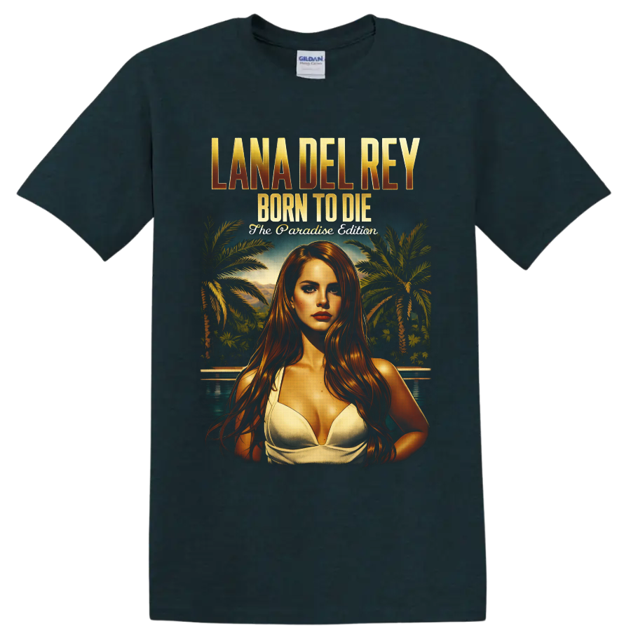 Lana Del Rey Born to Die Paradise Edition tropical portrait with palm trees and pool on a Midnight (Green) T Shirt