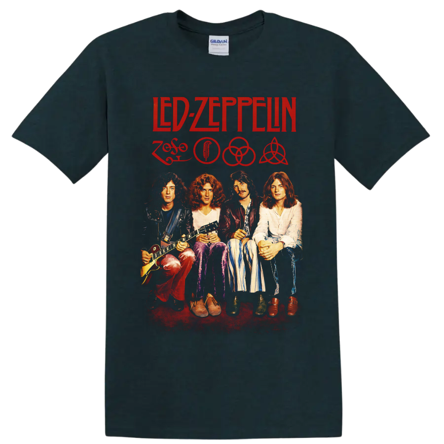 Led Zeppelin four-member portrait with red logo, symbols, and vintage rock poster style on a Midnight (Green) T Shirt