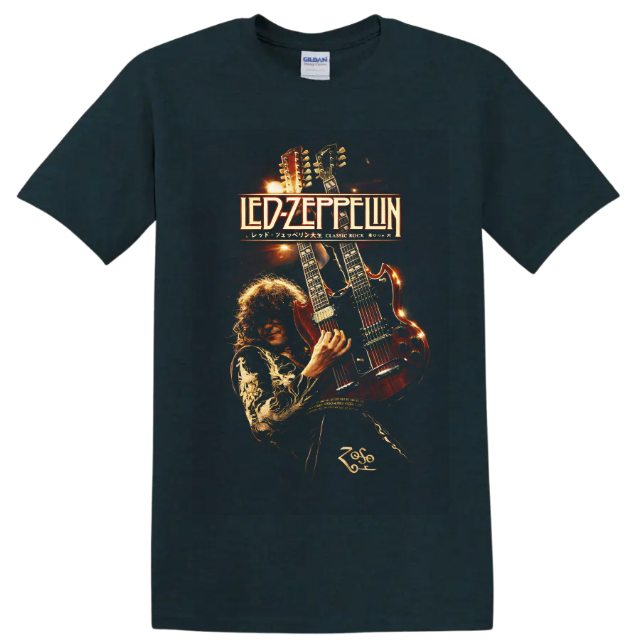 Jimmy Page with double-neck guitar in fiery Led Zeppelin concert poster art on a Midnight (Green) T Shirt