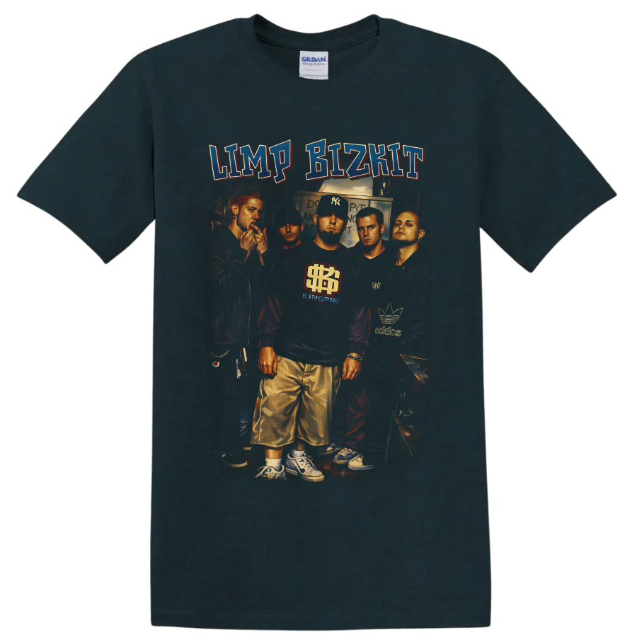 Limp Bizkit illustrated group portrait with bold collegiate-style logo lettering on a Midnight (Green) T Shirt