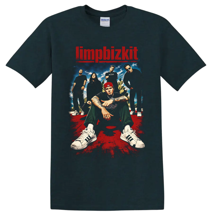 Limp Bizkit band portrait with Fred Durst, distressed red logo, cacti, and poster art on a Midnight (Green) T Shirt