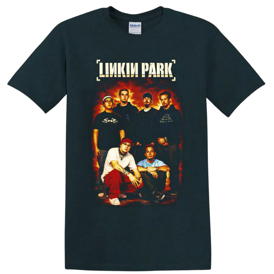 Linkin Park six-member portrait with distressed lettering and fiery rock poster backdrop on a Midnight (Green) T Shirt