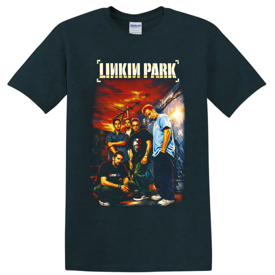 Linkin Park band portrait with distressed logo, urban alley, power lines, and fiery sunset on a Midnight (Green) T Shirt