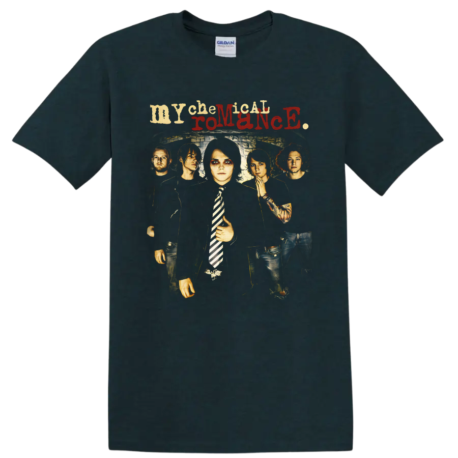 My Chemical Romance five-member gothic band portrait with distressed lettering on a Midnight (Green) T Shirt