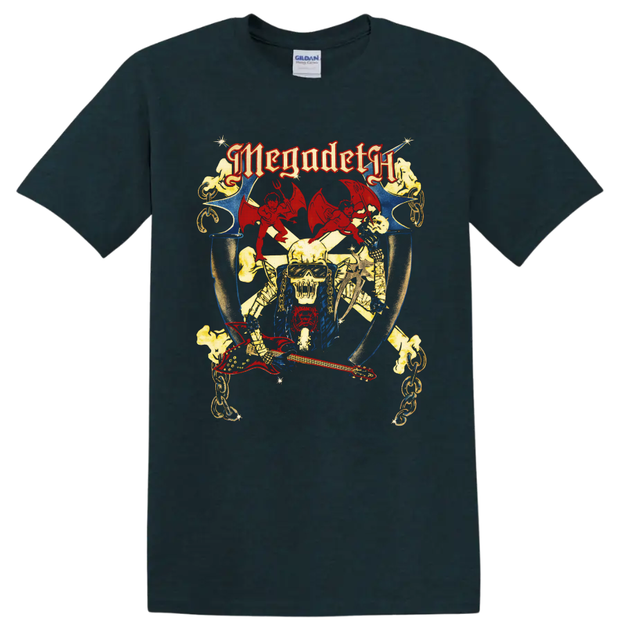 Megadeth Vic Rattlehead vintage metal art with red guitar, chains, demons, and skull on a Midnight (Green) T Shirt