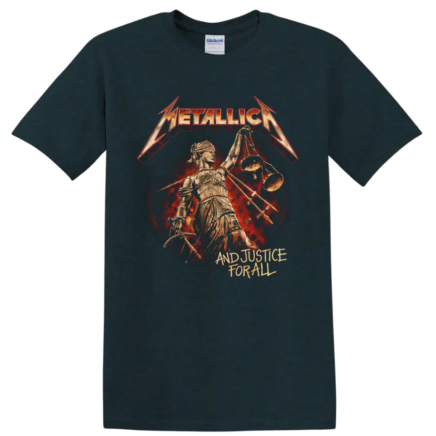 Metallica And Justice for All Lady Justice scales distressed album artwork on a Midnight (Green) T Shirt