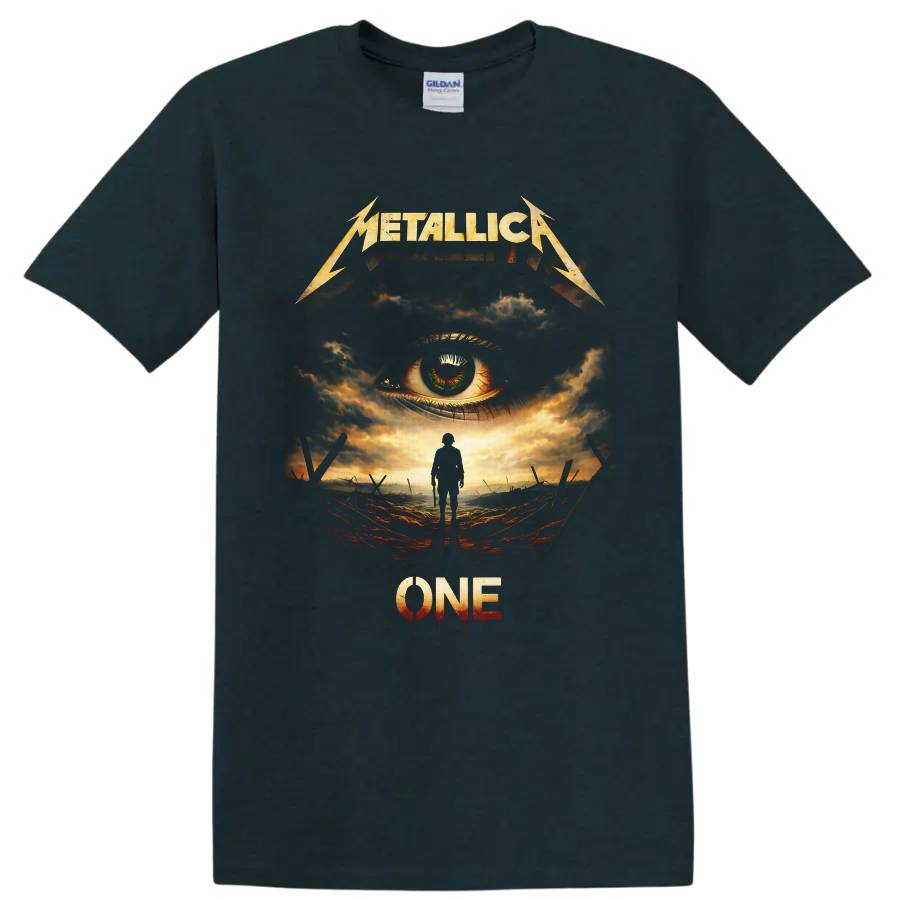 Metallica One distressed graphic with soldier, watchful eye, storm clouds, and battlefield on a Midnight (Green) T Shirt