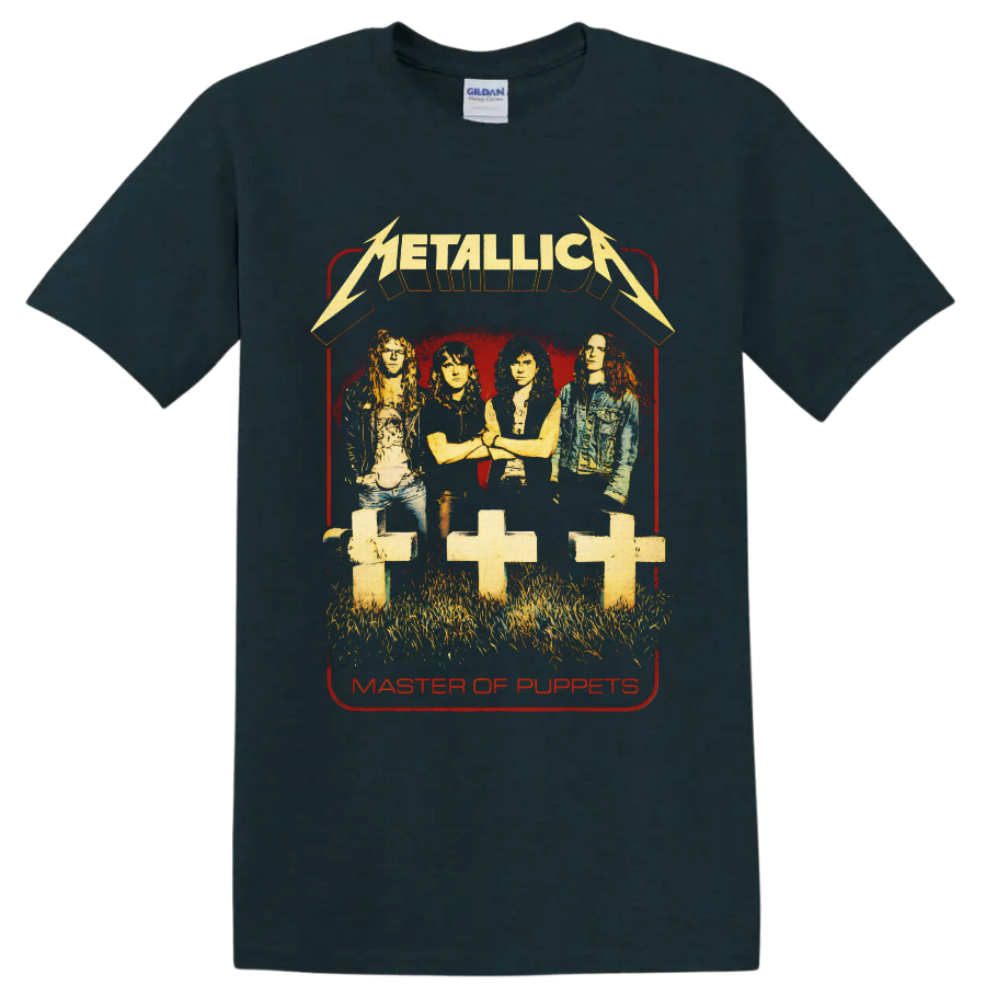 Metallica Master of Puppets band portrait with graveyard crosses and distressed logo on a Midnight (Green) T Shirt