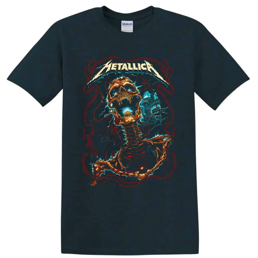 Metallica logo above fiery skeleton and blue skull lightning heavy metal artwork on a Midnight (Green) T Shirt