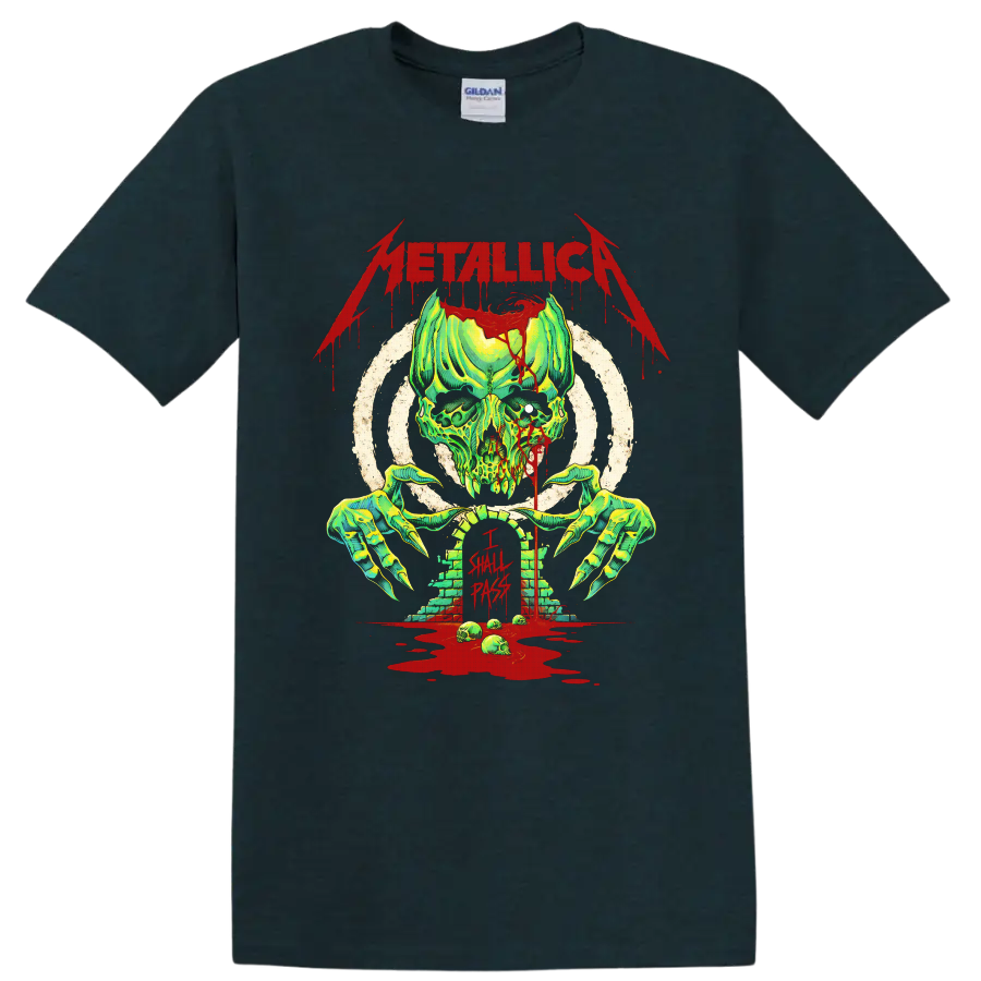 Metallica Creeping Death horror skull and claw graphic with I Shall Pass text on a Midnight (Green) T Shirt