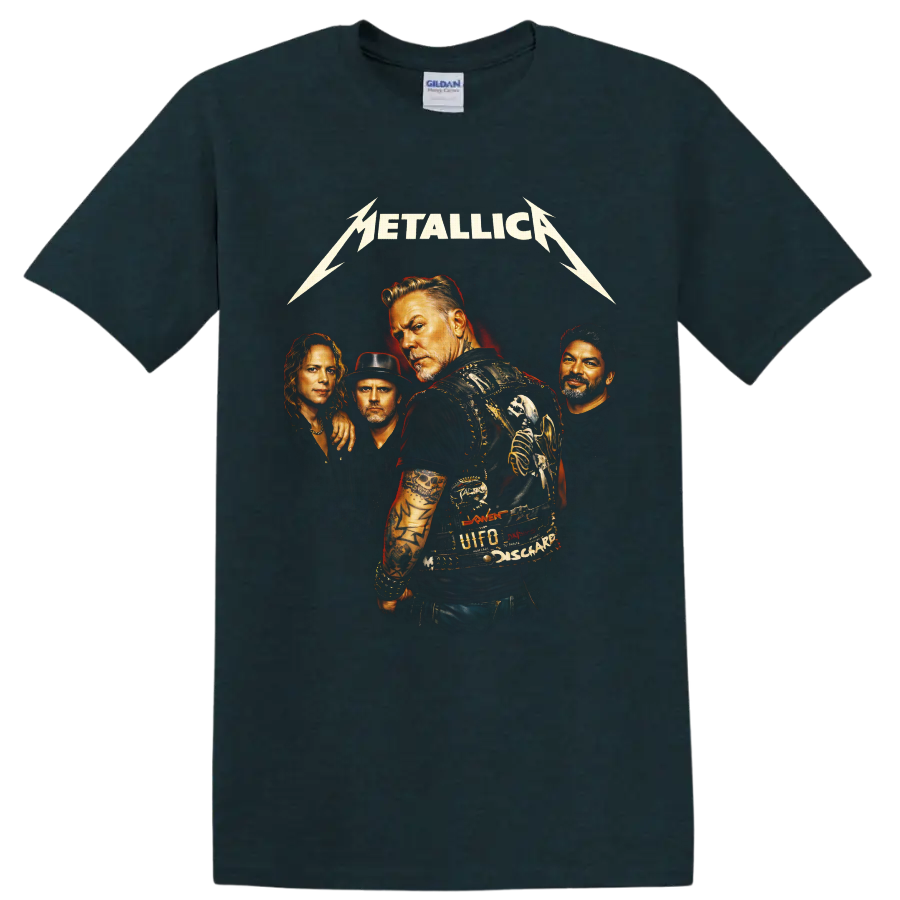 Metallica four-member portrait with lightning logo and vintage heavy metal poster art on a Midnight (Green) T Shirt