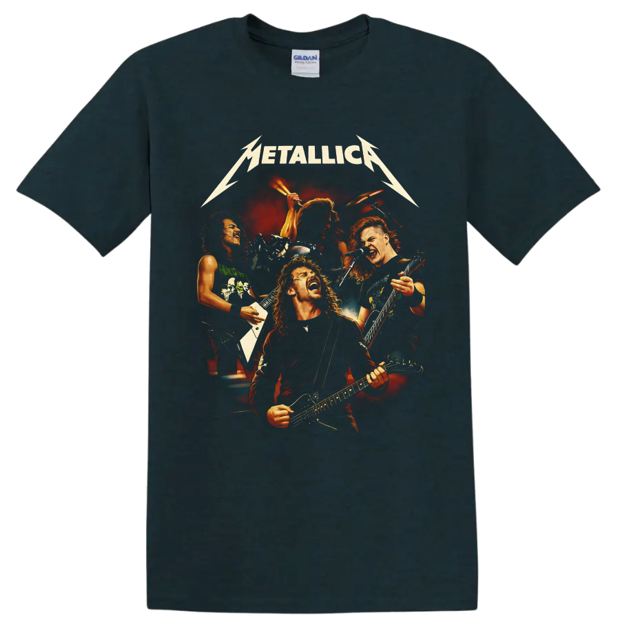 Metallica live concert collage with four musicians, guitars, drums, and fiery stage lights on a Midnight (Green) T Shirt