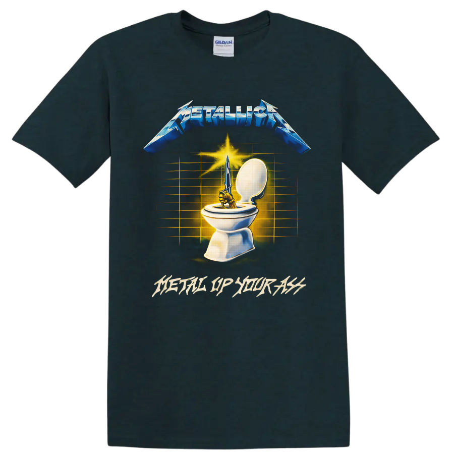 Metallica Metal Up Your Ass sword and toilet artwork with blue logo and gold burst on a Midnight (Green) T Shirt