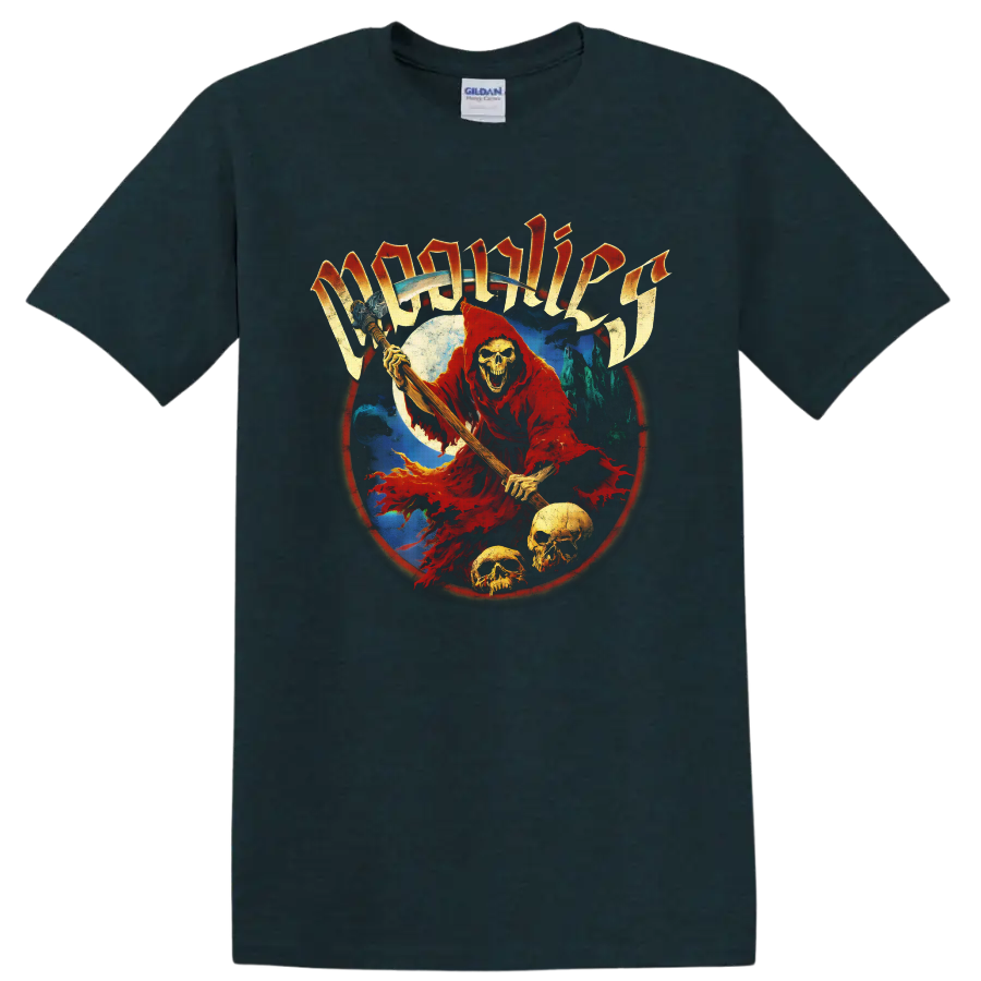 Moonlies red hooded skeletal reaper with skulls, moon, and gothic lettering on a Midnight (Green) T Shirt