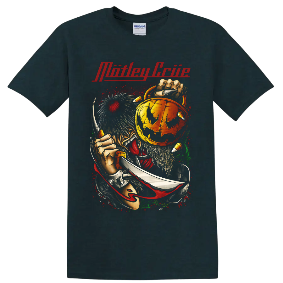 Mötley Crüe horror pumpkin with clawed figure, knife, and red splatter art on a Midnight (Green) T Shirt