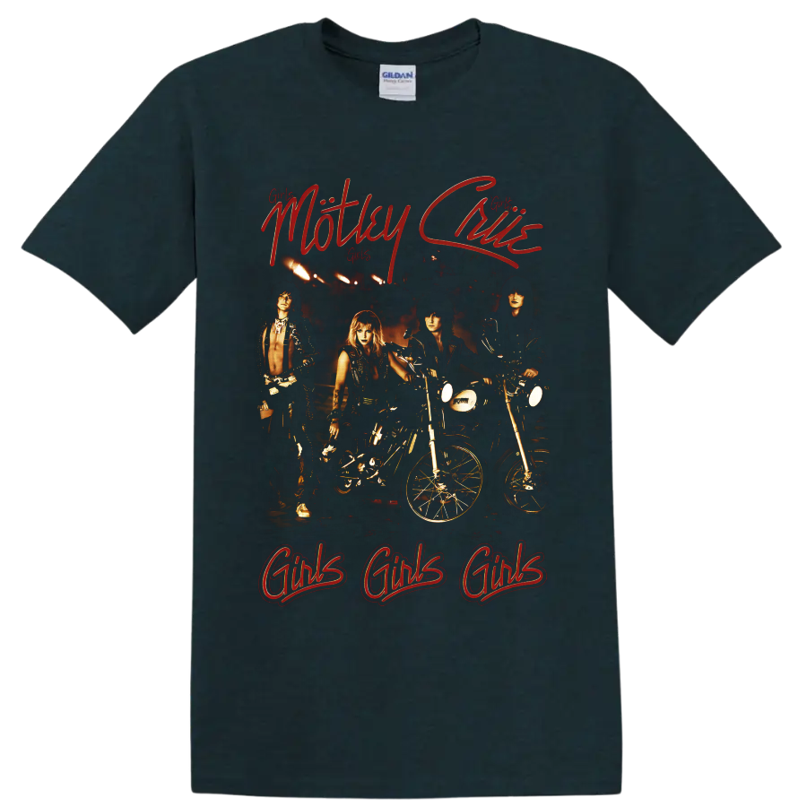 Mötley Crüe Girls Girls Girls biker graphic with motorcycles and red script on a Midnight (Green) T Shirt