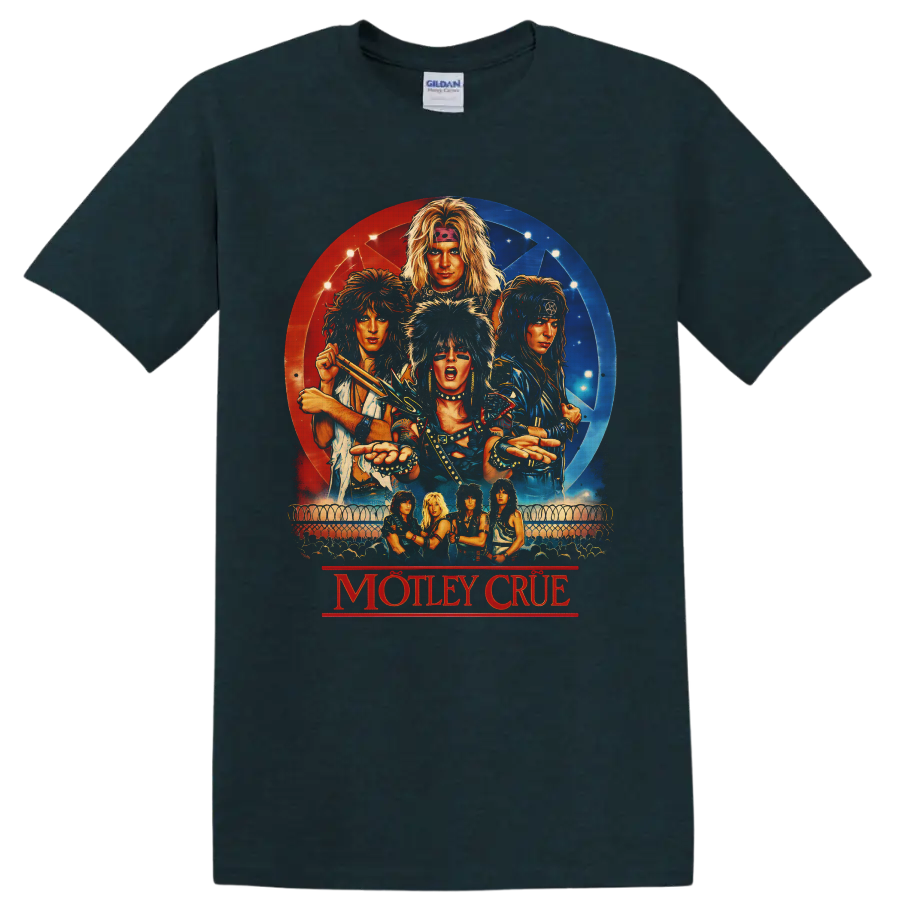 Mötley Crüe illustrated glam metal band portraits with red and blue concert poster on a Midnight (Green) T Shirt