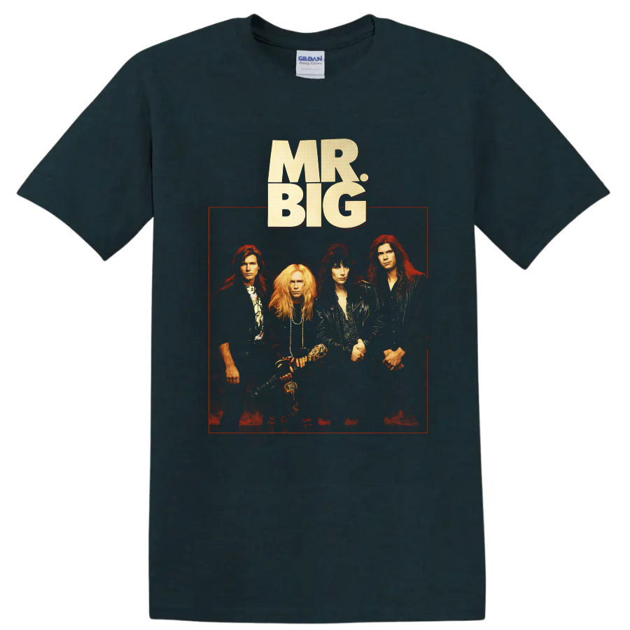 Mr. Big four-member hard rock portrait with cream logo and red concert-poster frame on a Midnight (Green) T Shirt