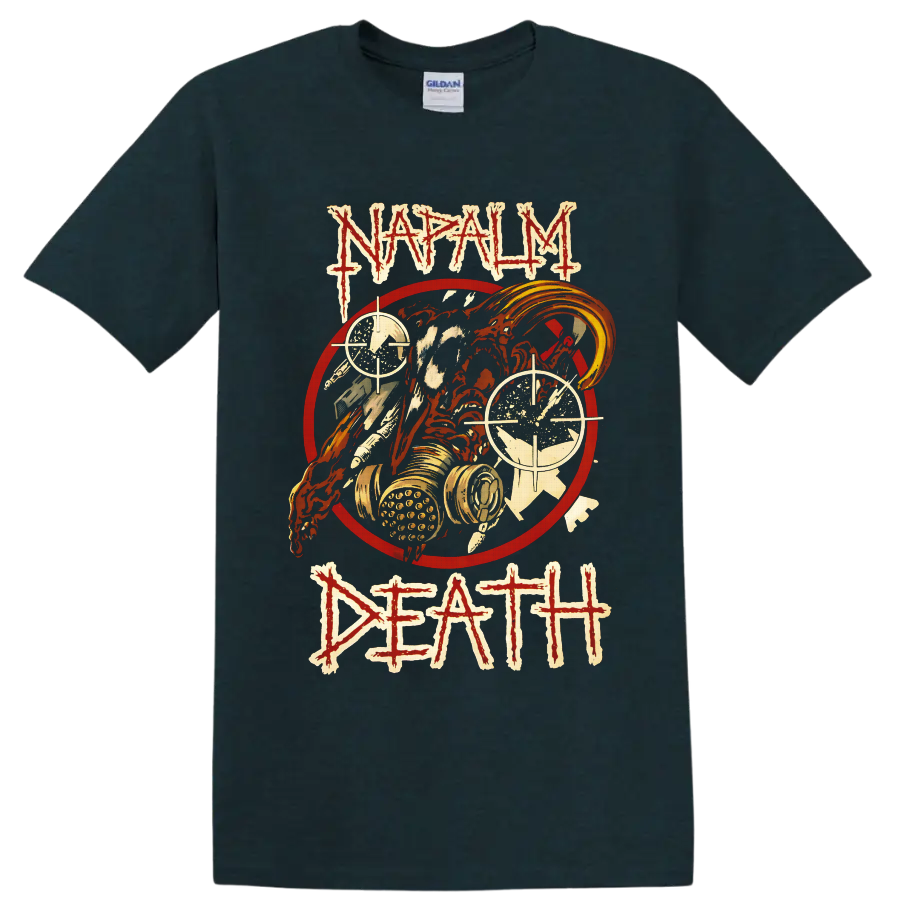 Napalm Death Life? distressed gas mask skull and crosshair death metal graphic on a Midnight (Green) T Shirt