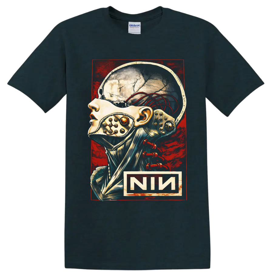 Nine Inch Nails cybernetic skull illustration with red wires and distressed industrial on a Midnight (Green) T Shirt