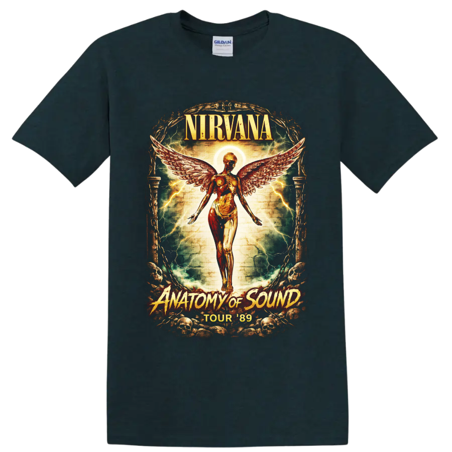 Nirvana Anatomy of Sound Tour 89 angel wings gothic concert-poster design on a Midnight (Green) T Shirt