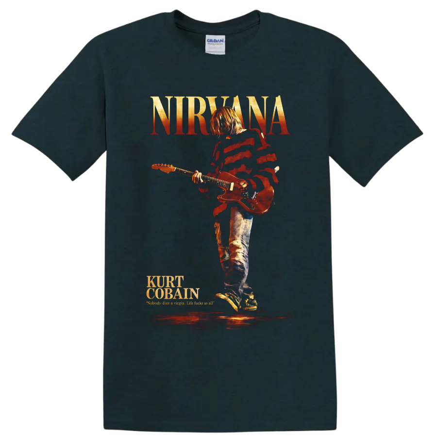 Kurt Cobain playing guitar beneath Nirvana text in distressed red concert poster style on a Midnight (Green) T Shirt