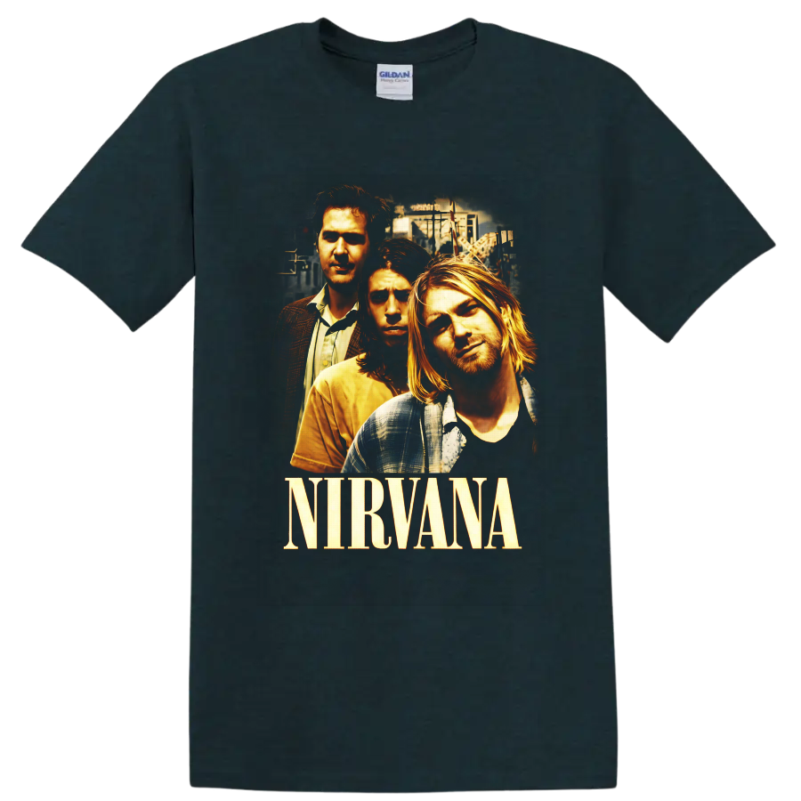 Nirvana portrait graphic with Kurt Cobain, Dave Grohl, Krist Novoselic, and band lettering on a Midnight (Green) T Shirt