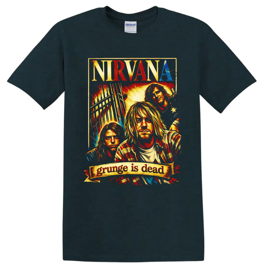 Nirvana grunge poster portrait of Kurt Cobain, Dave Grohl, and Krist Novoselic on a Midnight (Green) T Shirt
