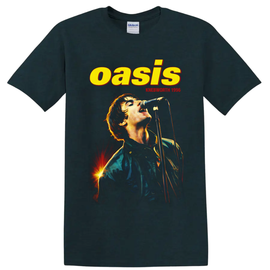 Liam Gallagher singing in Oasis Knebworth 1996 vintage concert poster design on a Midnight (Green) T Shirt