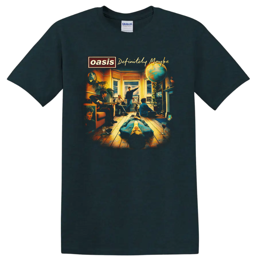 Oasis Definitely Maybe album cover illustration with band room scene and globe on a Midnight (Green) T Shirt