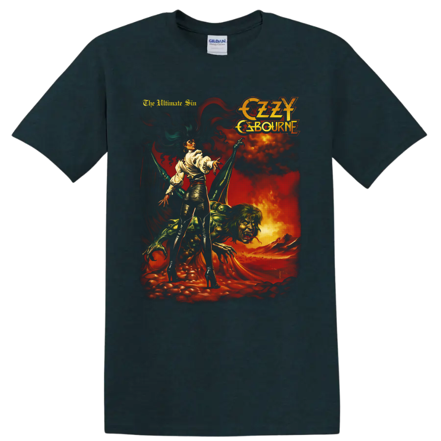 Ozzy Osbourne The Ultimate Sin gothic demon artwork with fiery vintage rock imagery on a Midnight (Green) T Shirt