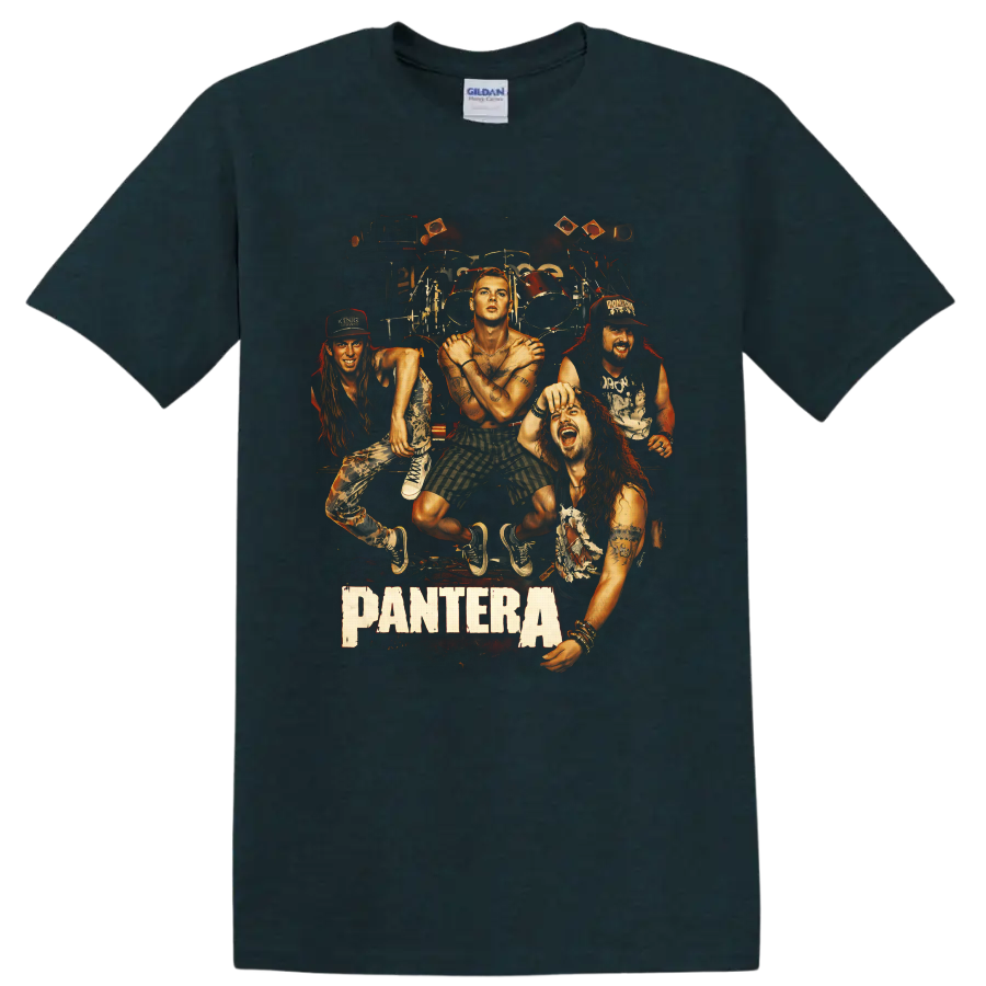Illustrated Pantera band portrait with drums, concert lights, and Pantera text on a Midnight (Green) T Shirt