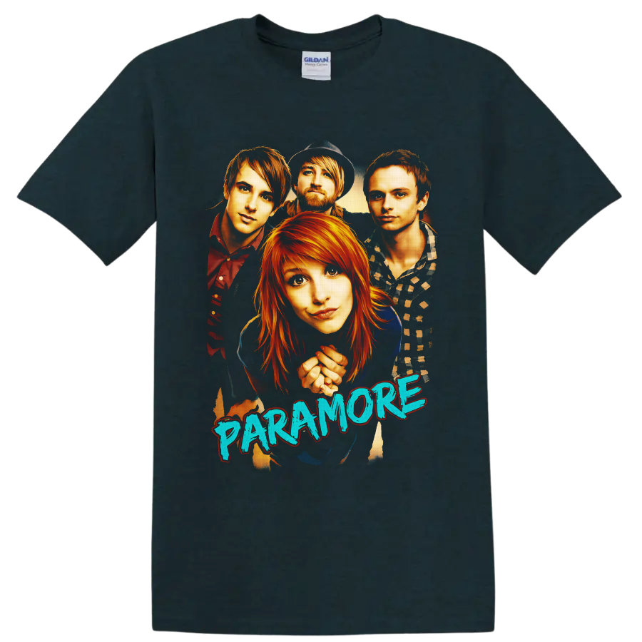 Paramore band portrait with Hayley Williams, Taylor York, Zac Farro, and blue lettering on a Midnight (Green) T Shirt