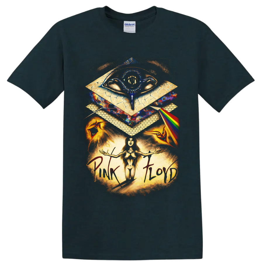 Pink Floyd-inspired psychedelic prism eye, rainbow beam, and surreal cosmic rock collage on a Midnight (Green) T Shirt