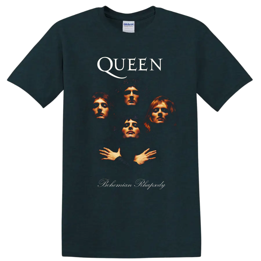 Queen Bohemian Rhapsody four-member portrait graphic with dramatic rock lighting on a Midnight (Green) T Shirt