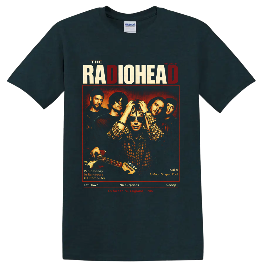 Radiohead band portrait poster with Thom Yorke, guitar, distressed lettering, and song on a Midnight (Green) T Shirt