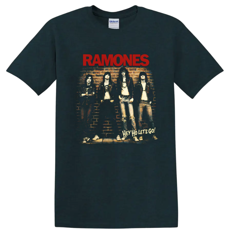 Ramones punk rock brick wall band portrait with red logo and Hey Ho Let’s Go text on a Midnight (Green) T Shirt