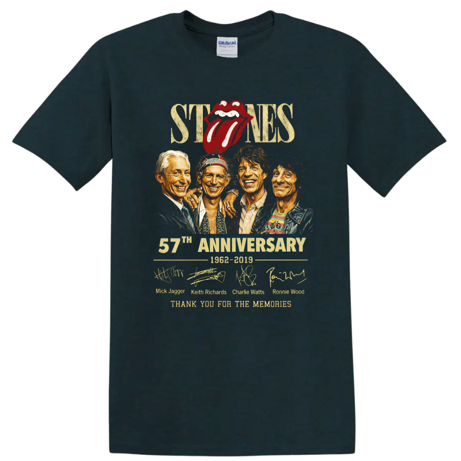 Rolling Stones anniversary portraits with red tongue logo, signatures, and 1962-2019 text on a Midnight (Green) T Shirt