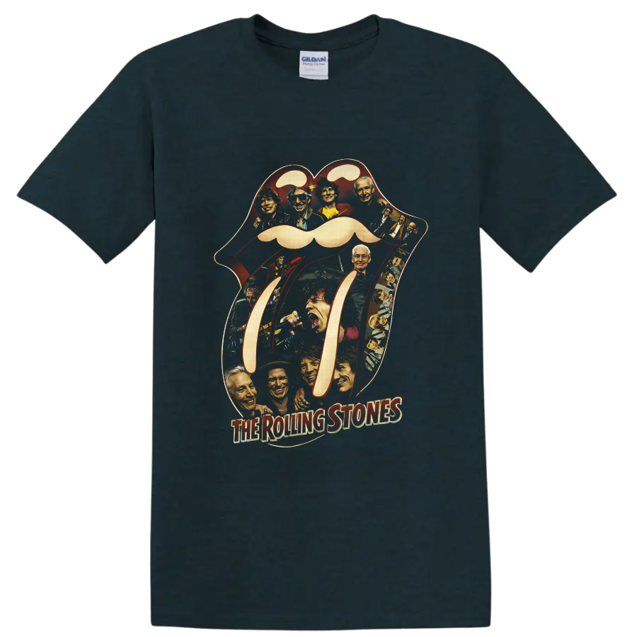 Rolling Stones tongue-and-lips logo collage with vintage band portraits on a Midnight (Green) T Shirt
