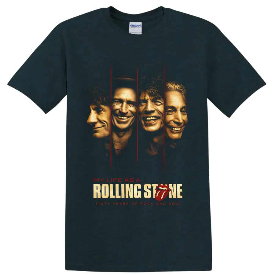 Rolling Stones My Life as a Rolling Stone four-portrait rock graphic with red panels on a Midnight (Green) T Shirt