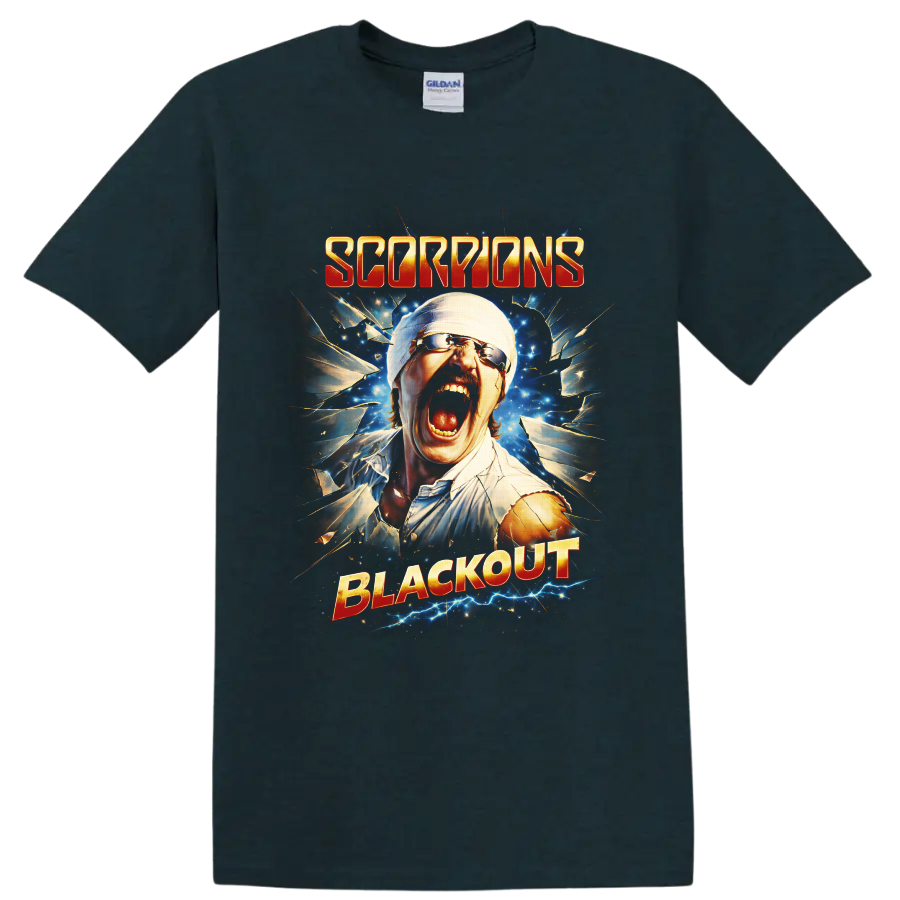 Scorpions Blackout screaming man shattered glass rock artwork with electric blue sparks on a Midnight (Green) T Shirt