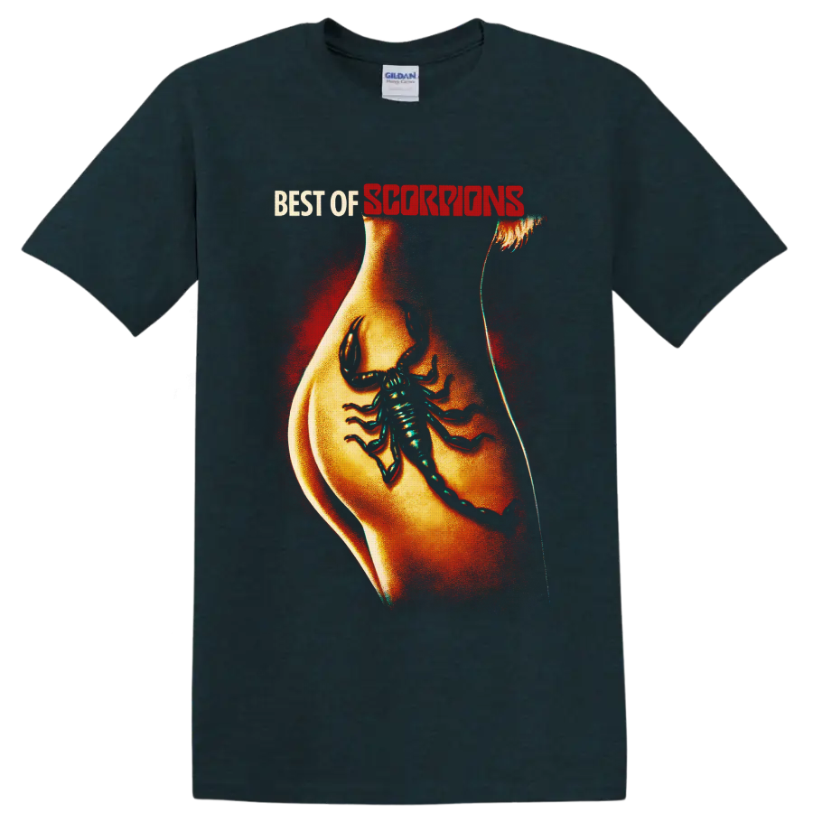 Scorpions Best of lettering above a tattoo-style torso with a large scorpion on a Midnight (Green) T Shirt