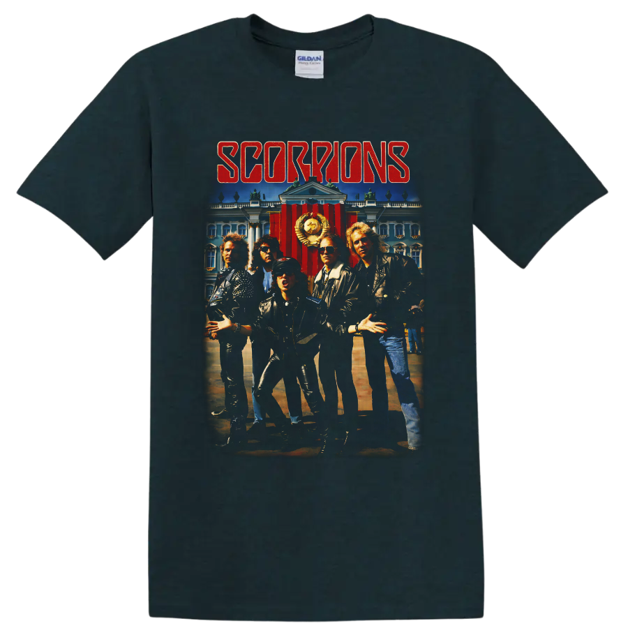 Scorpions band portrait with Soviet palace backdrop and distressed red lettering on a Midnight (Green) T Shirt