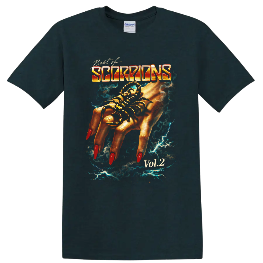 Scorpions Best of Vol. 2 scorpion hand graphic with lightning and smoke on a Midnight (Green) T Shirt