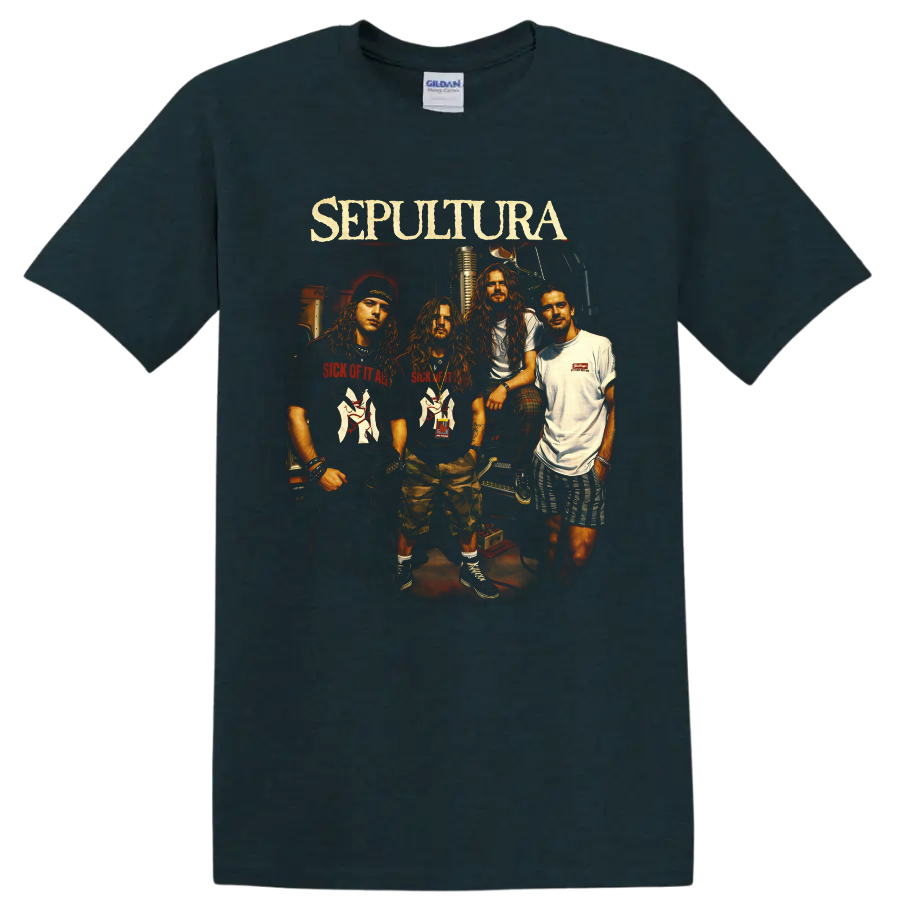 Sepultura band portrait with Max Cavalera, vintage microphone, and distressed logo on a Midnight (Green) T Shirt