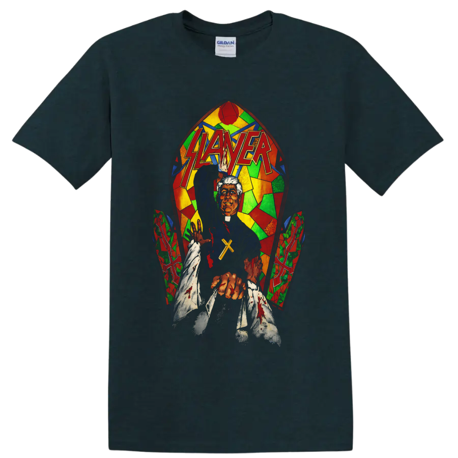 Slayer logo over gothic priest with cross, bloody hands, and colorful stained-glass art on a Midnight (Green) T Shirt