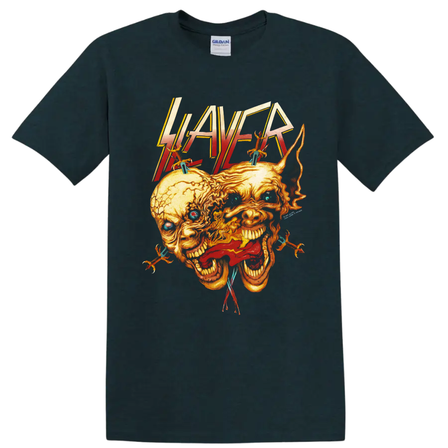 Slayer logo above fiery fused screaming skulls with spikes, wires, and blue eyes on a Midnight (Green) T Shirt