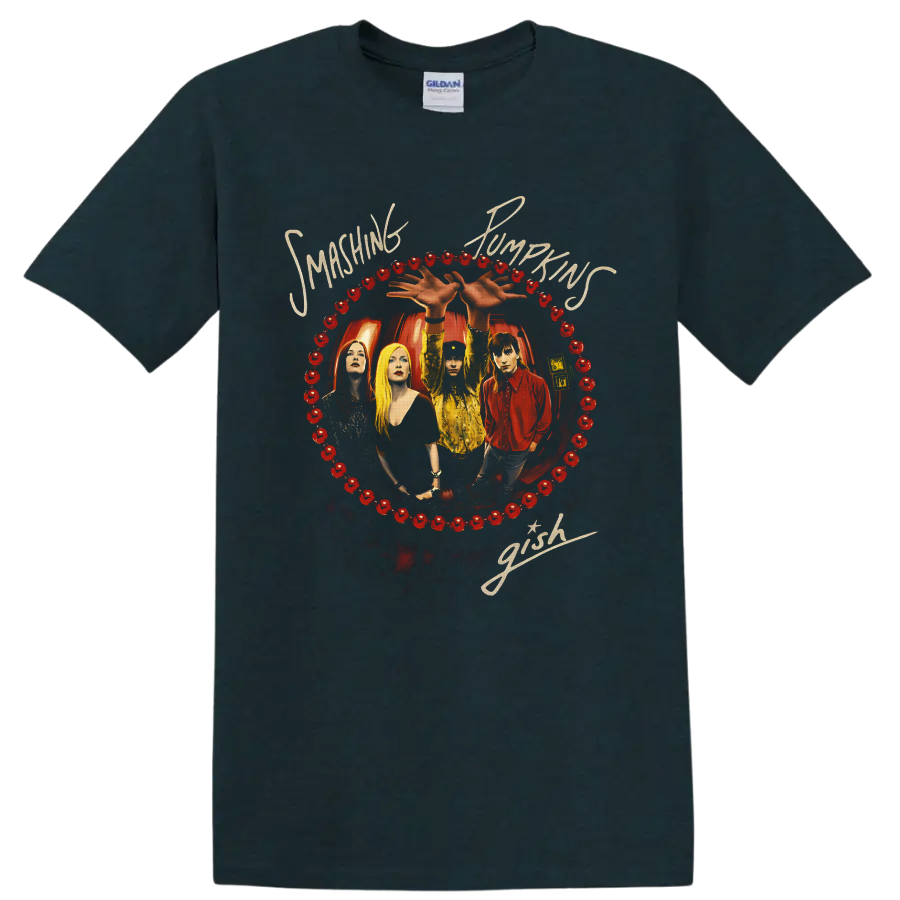 Smashing Pumpkins Gish band portrait with red pumpkin border and cream script lettering on a Midnight (Green) T Shirt