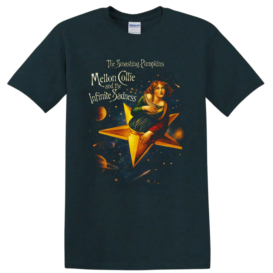 Mellon Collie celestial star maiden with galaxy, planets, and ornate band lettering on a Midnight (Green) T Shirt