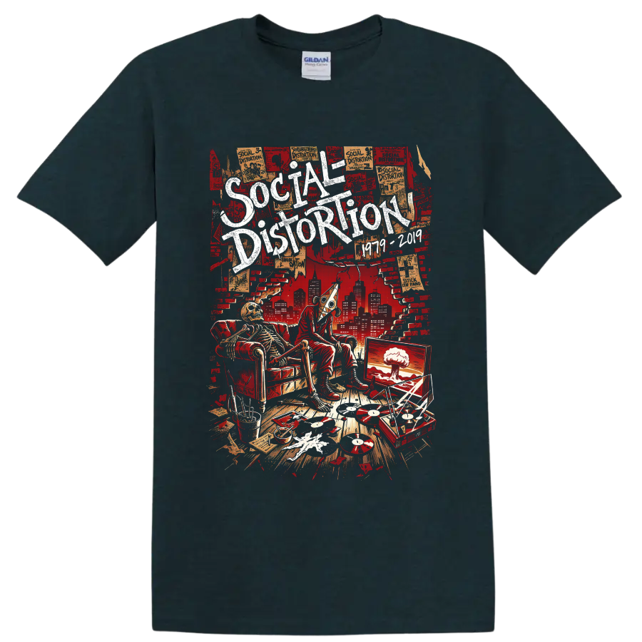 Social Distortion distressed punk poster with skeleton, vinyl records, turntable, and on a Midnight (Green) T Shirt